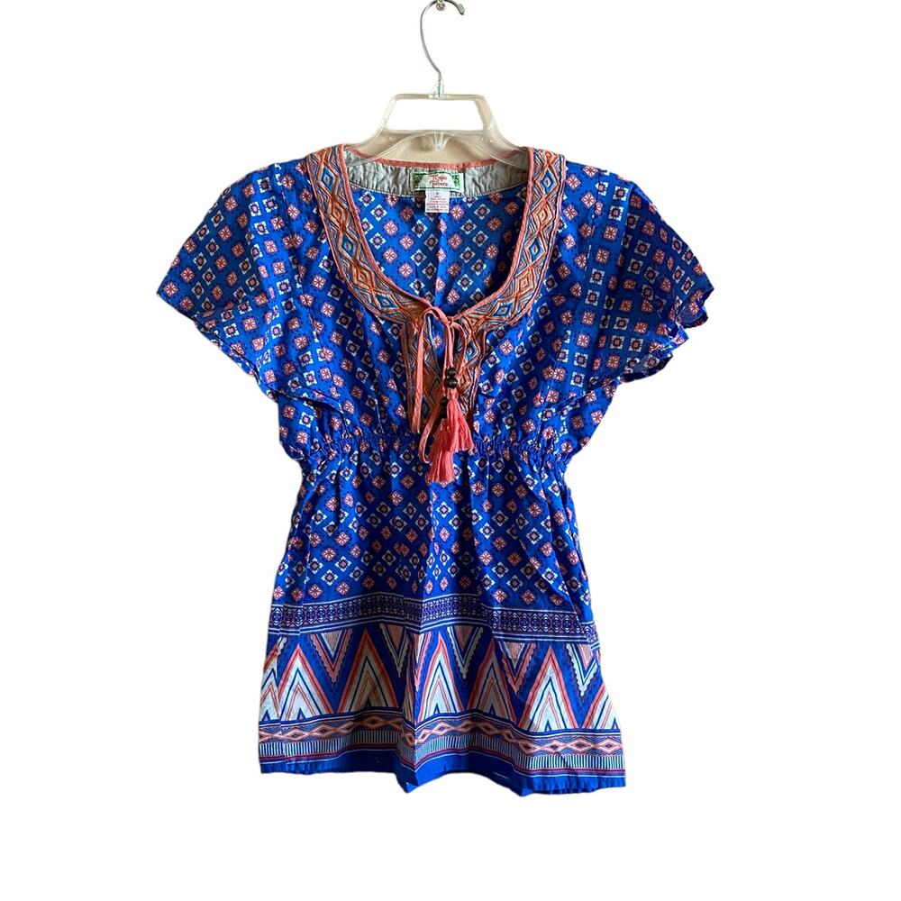 FLYING TOMATO Blue Geometric Print Flutter Sleeve Empire Waist Peasant Blouse